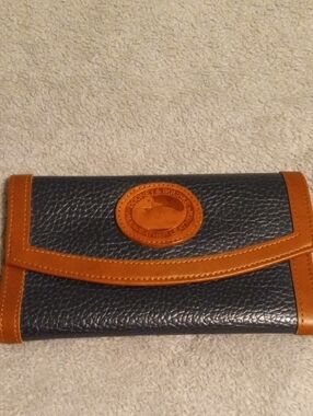 Dooney & Bourke Navy Leather Clutch with Cognac Trim